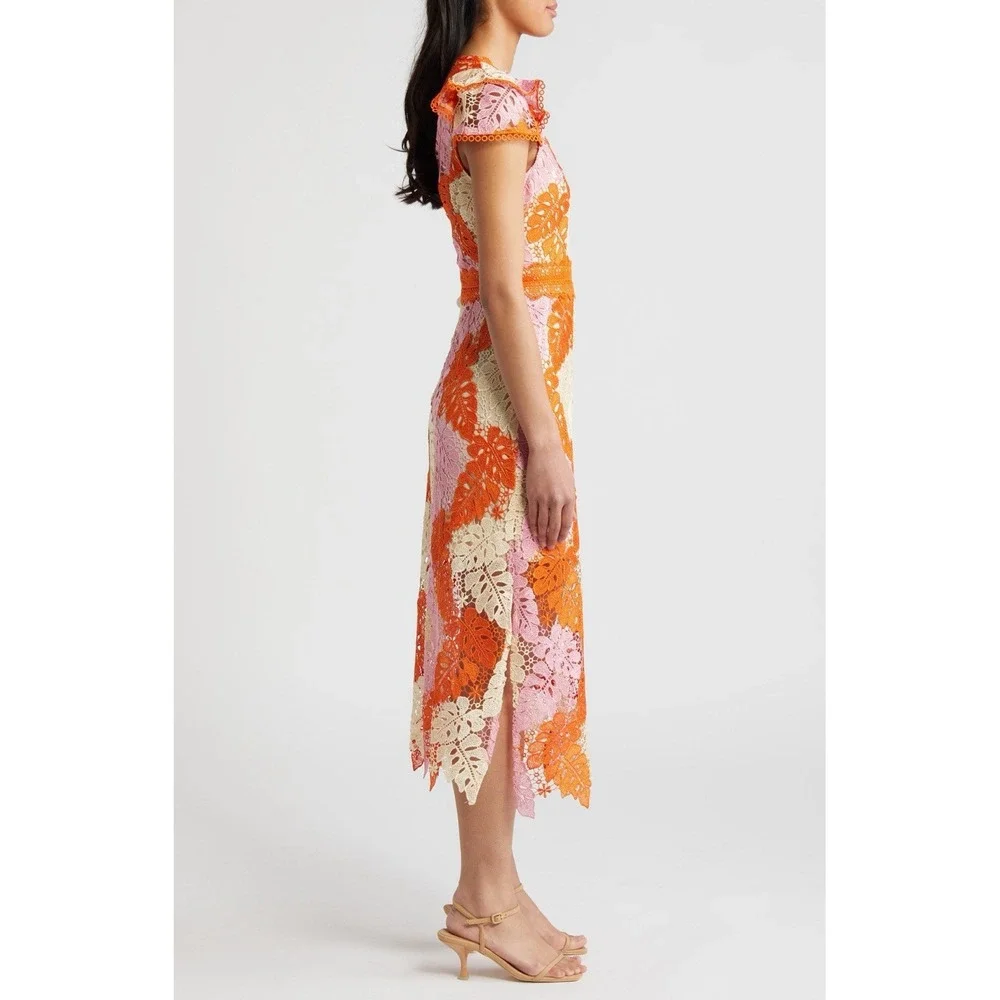 Adelyn Rae Crochet Lace Midi Dress XS Floral Orange Pink Boho‎ V-Neck
